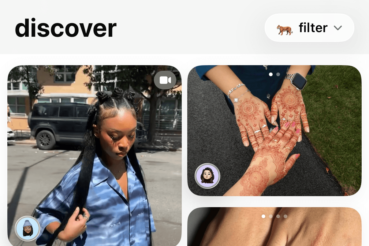 The Fynd app's "discover" feed: a grid of photos and videos of recent services — braids, henna, nails — each with a small profile avatar in the corner.