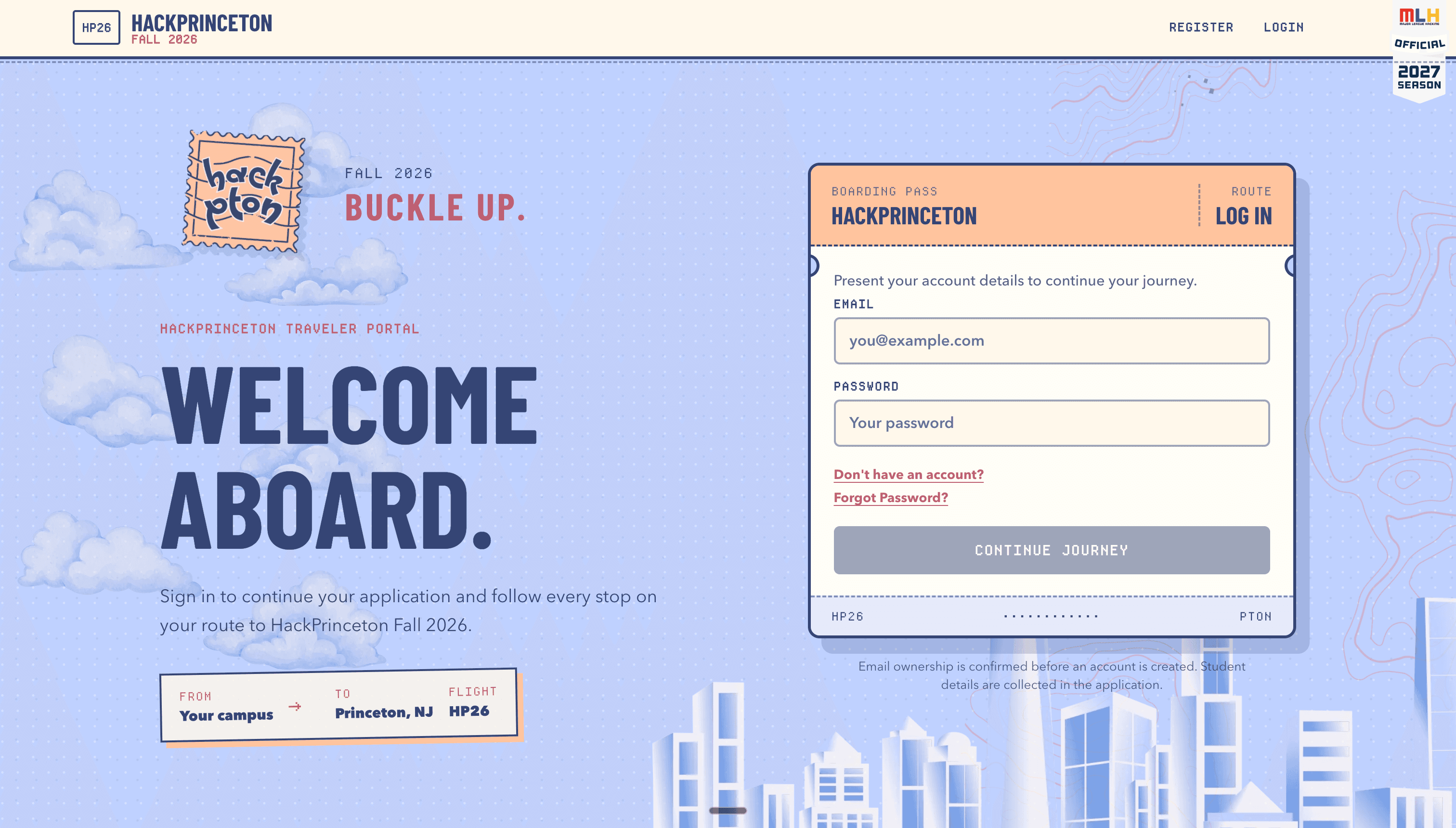 The HackPrinceton Fall 2026 traveler portal: a "Welcome aboard" headline on a sky-blue background beside a boarding-pass-styled login card with email and password fields.